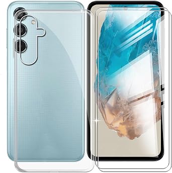 for Samsung Galaxy M35 Case + 2 Pack Tempered Glass Screen Protector, Clear Soft Silicone Bumper Shell, Ultra-Thin Anti-Fall Back Cover for Samsung Galaxy M35 6.60" - Transparent