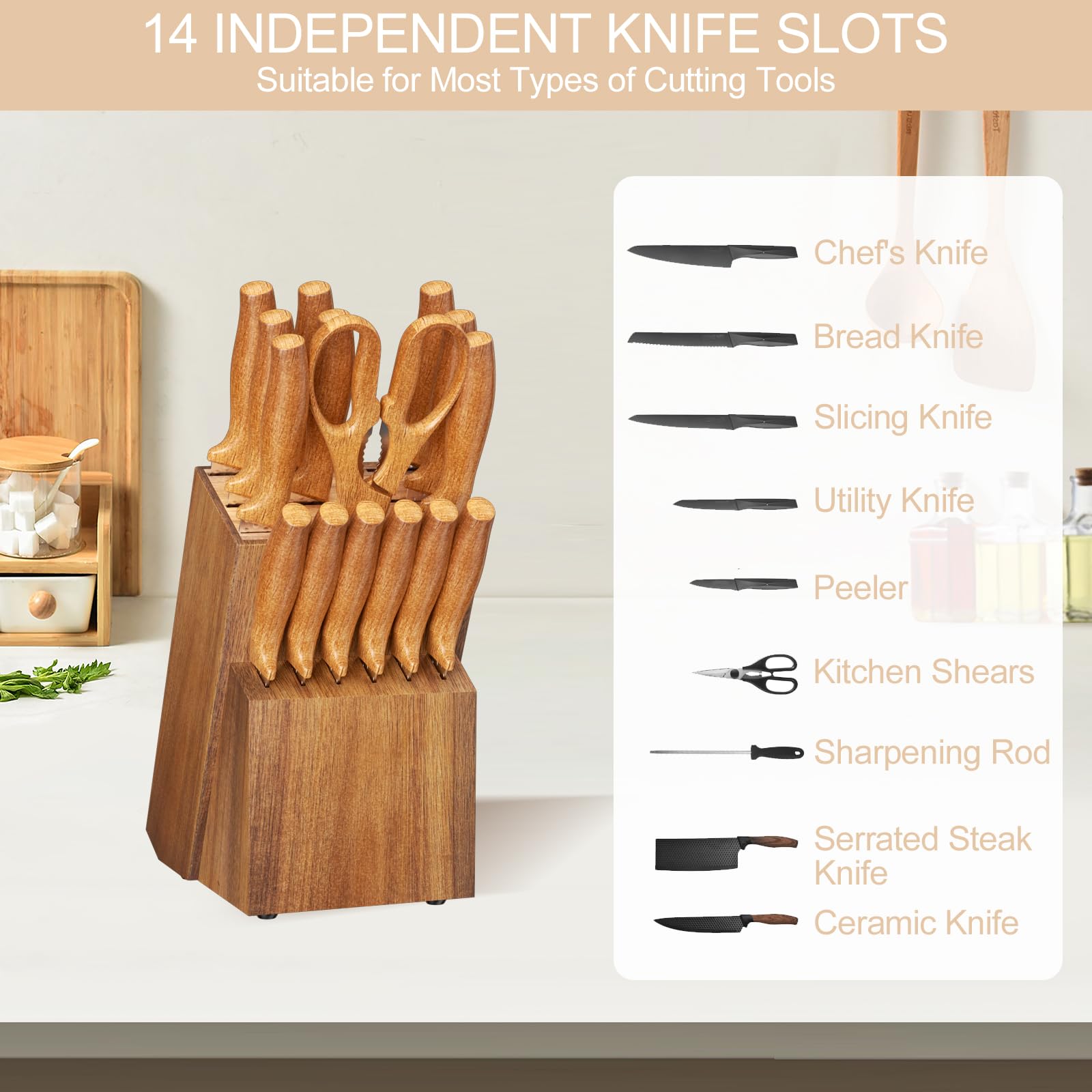Range Couteaux de Cuisine, Bloc à Couteaux en Bois, Porte Couteau Universel, 14 Fentes, Bloc Couteau de Cuisine Vide avec Aiguiseur Intégré et Ciseaux, Pieds Antidérapants, Pin