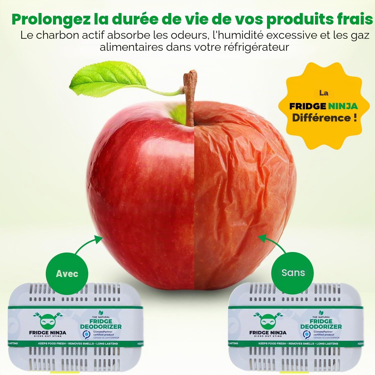 Fridge Ninja Désodorisant et désodorisant pour réfrigérateur – Charbon actif naturel non parfumé, dure 12 mois, éliminateur d'odeurs, absorbeur de parfum, accessoires de réfrigérateur pour la