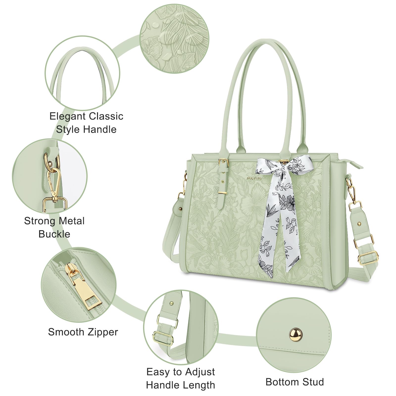 MOSISO 17,3 Pulgadas PU Maletin Portatil de Mujer, Compatible con MacBook | /HP,Dell,Asus Notebook,Frente Relieve Retro Hibiscus Oficina Ordenador Bolsa con Seda Pañuelo&Monedero,Verde Salvia