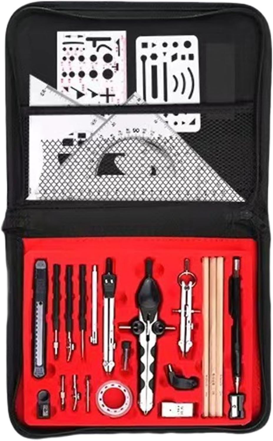 スクールジオメトリツールセット、メタルジオメトリツール、ディバイダー、セットスクエア、鉛筆、消しゴム、シャープナー、収納バッグ付き