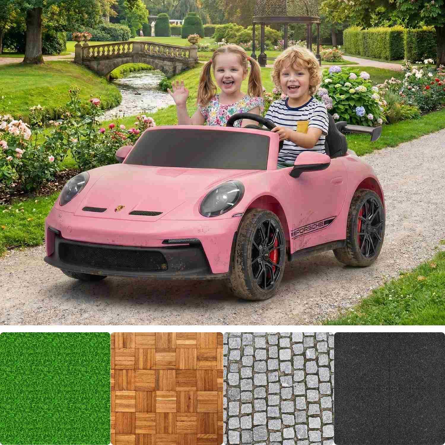 Elektrisches Kinderauto Porsche 911 24V mit 4x4-Antrieb, rosa, Zwei Sitze, 2,4-GHz-Fernbedienung, USB/AUX-Eingang, 200W-Motoren, Federung, Lithium-Batterie, LED-Leuchten vorne und hinten