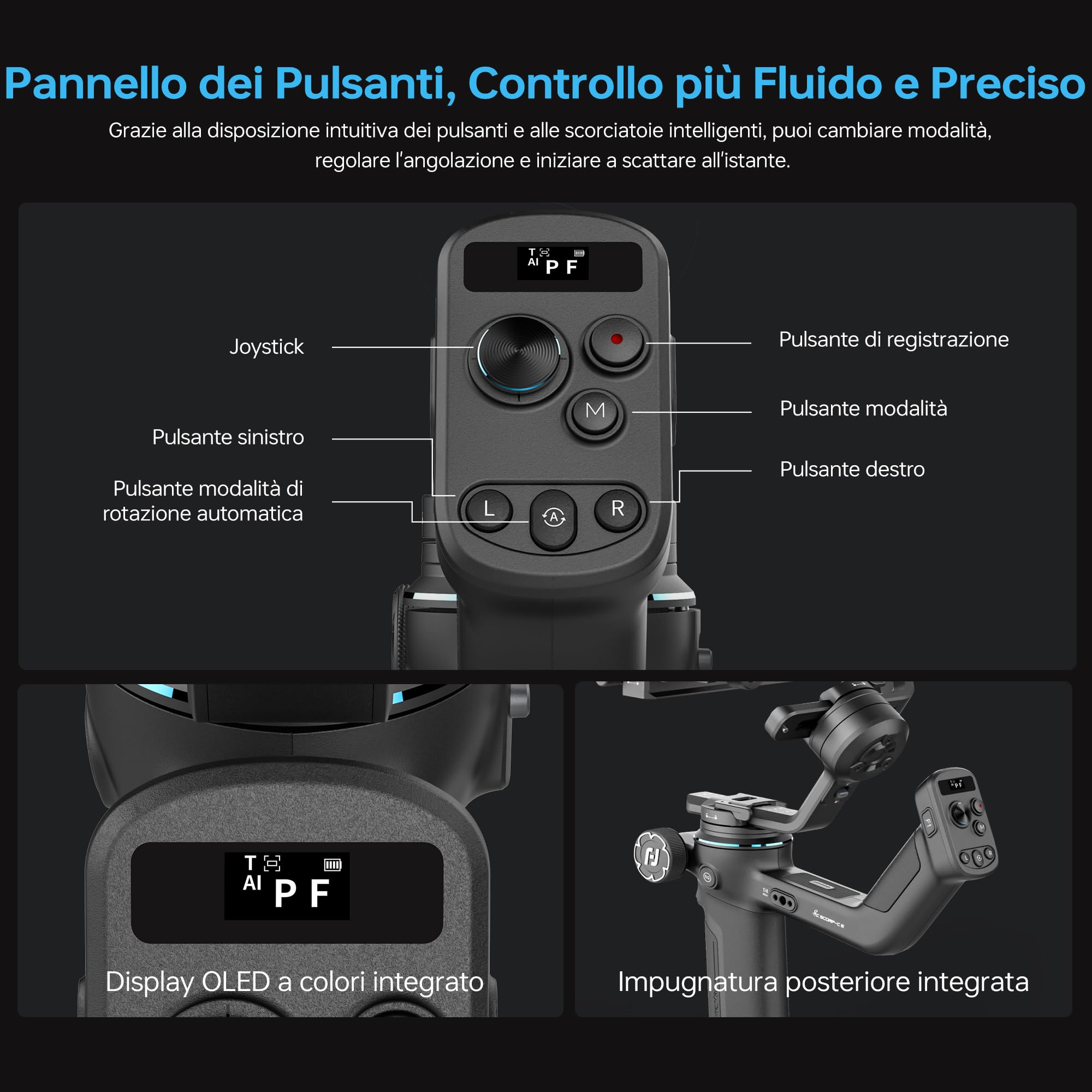 FeiyuTech SCORP-C2 [Ufficiale] Stabilizzatore Fotocamera a 3 assi con AI Tracking 4.0,Gimbal con Pannello Pulsanti,Carico Utile di 3,5kg,Riprese Verticali Native,Bilanciamento Rapido,Bluetooth Control