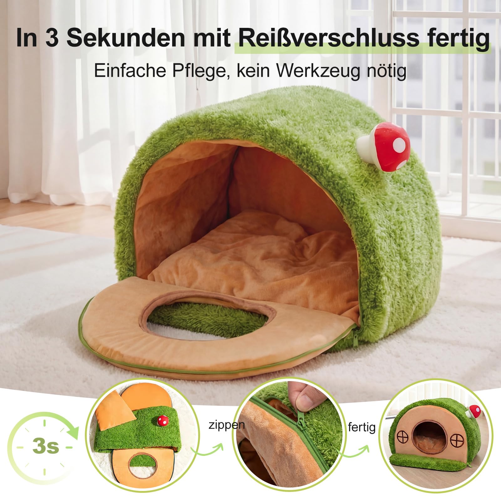 Baumhöhle Katzenbett, Katzenhöhle Indoor mit Pilzglocke | Katzenhaus mit Geborgenheit, waschbares Samtkissen, rutschfester Boden, stabil & schnell aufgebaut, für Katzen bis 6 kg