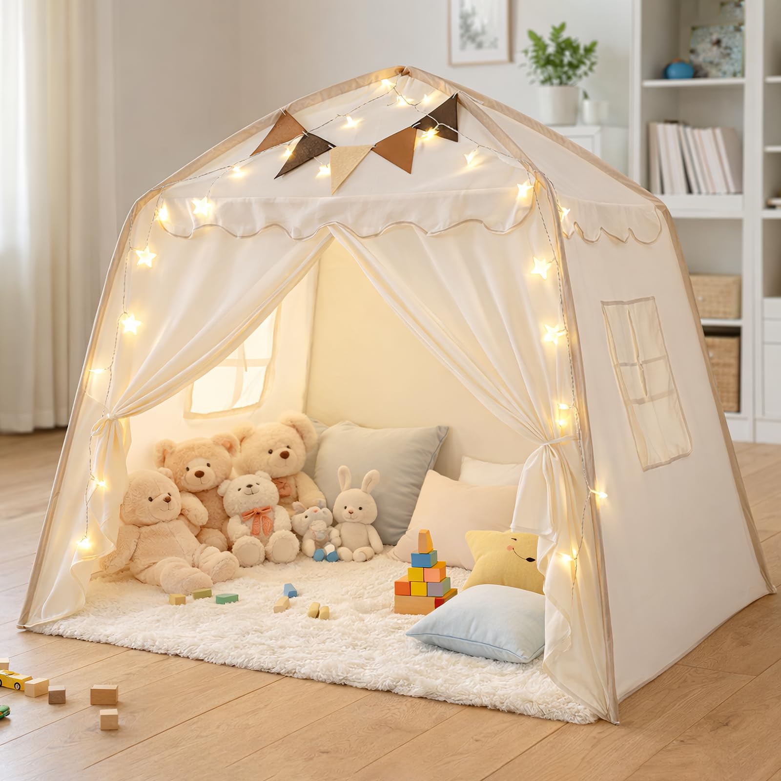 Tente Enfant, Cabane Enfant Intérieur avec Lumières et Drapeaux Tente de Jeu pour Enfants Princesse Tipi Cadeaux d'Anniversaire et de la Fête des Enfants Garçons Filles Décoration de Chambre d'Enfants
