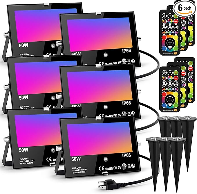 LED Flood Light Outdoor 500W Equivalent Color Changing Landscape Lighting, Timing+120 Colors Strobe+2700K Warm White+DIY Flash,IP66 Waterproof Up Stage RGB Led Light Indoor US 3Plug 6Pack with Stake