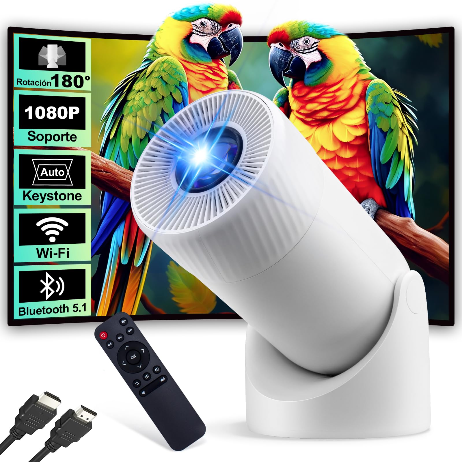 Mini Proyector, WiFi BT5.1 Proyector Portátil 300 ANSI, 180° Rotation 200 Pulgadas Proyectors, Supportato per Telefono/PC/TV/HDMI/PS5, Enfoque Rápido 1S Corrección Automática de Keystone, Altavoz HiFi