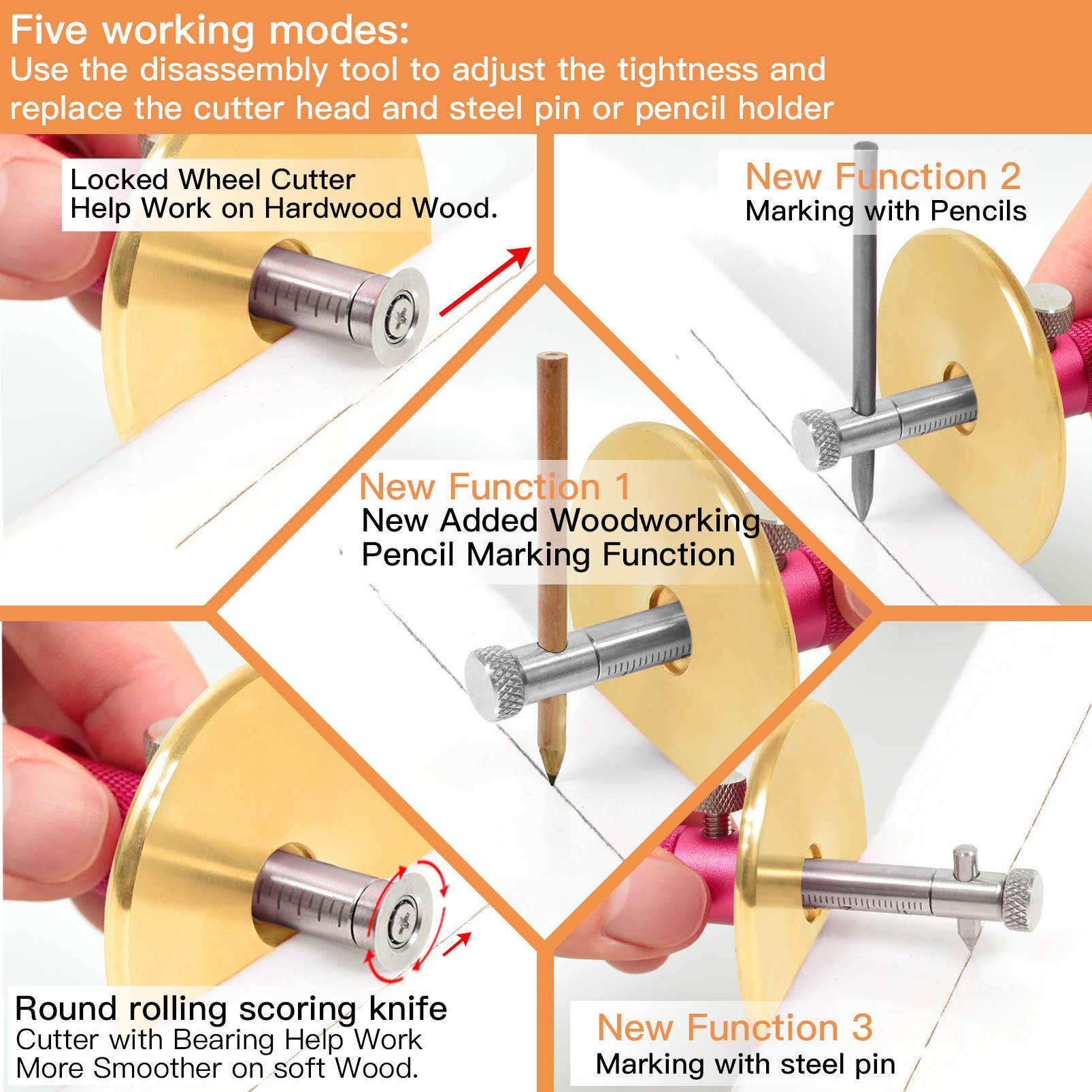 Dovetail Jig Wheel Marking Gauge Plus Set,Micro Ajustador Rueda de corte multifuncional Escribado de carpintería, escalas métricas e imperiales, imperial 1/64 métrica 1mm precisión, marcado de madera