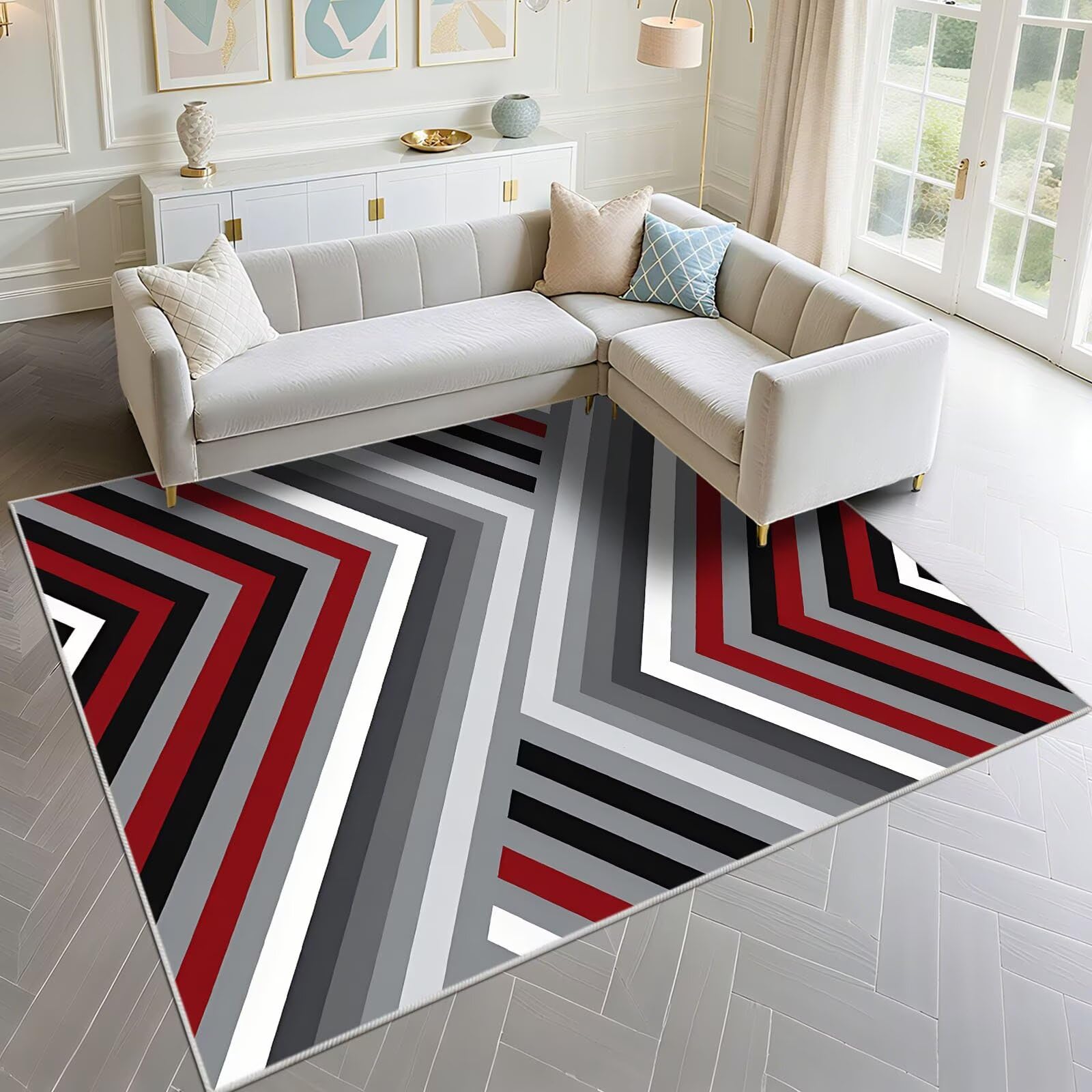 Tapis salon waterproof 100x200cm à motif rayé rouge et gris résistant aux taches