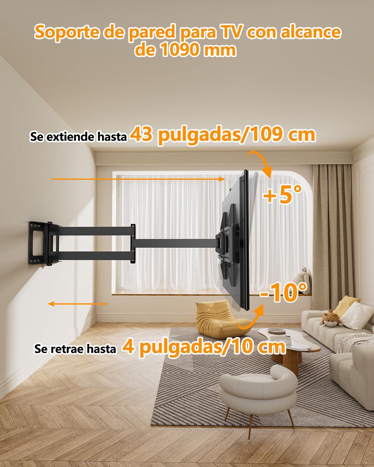 FORGING MOUNT Soporte TV Pared con Brazo Articulado Extralargo de 1090mm para Pantallas de 37-80" de Planos/Curvos, Soporte Pared TV con Giratorio e Inclinable, Máx VESA 600x400mm,hasta 50kg