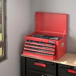 Goplus Steel Tool Box, 24” Tool Chest Case with 6 Drawers, Top Storage, Automatic Lock, Ball Bearing Slides & EVA Liners, Portable Tool Storage Organizer for Garage, Repair Shop (Red)