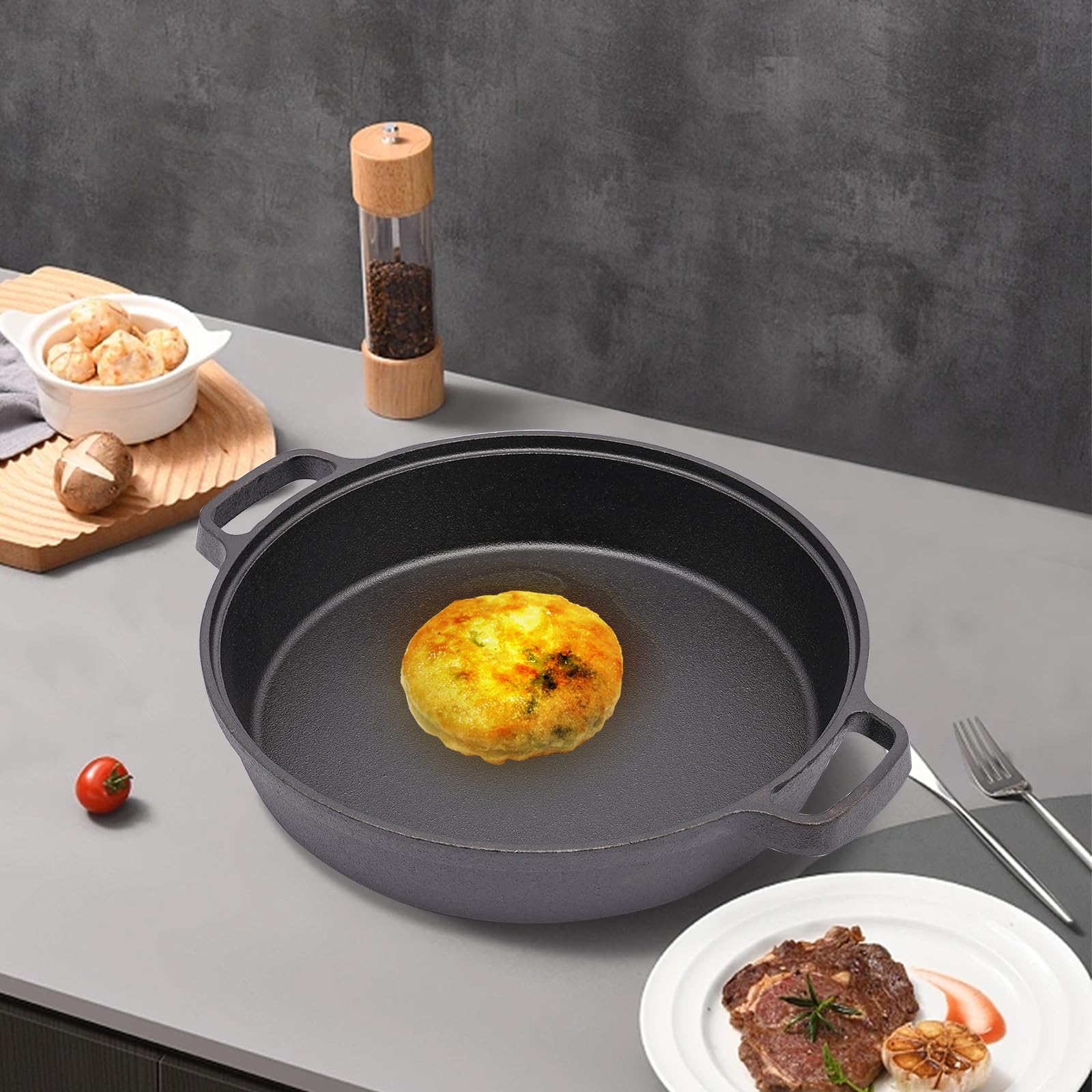Sartén de hierro fundido – Ø 25 cm – Sartén de hierro fundido con mango doble – Sartén parrilla para inducción y fuego abierto
