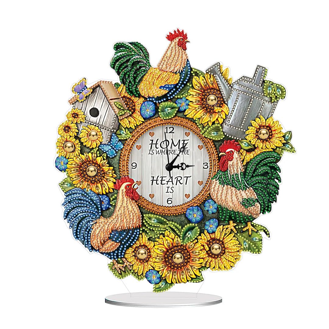 DIY 5D Diamond Painting Clock Desktop Ornament Kits for Adults Silent Non Ticking Clock Diamond Art Wall Clock Rhinestone Painting Mosaic Art Crafts Home Wall Office School Decor (Sunflower Rooster)