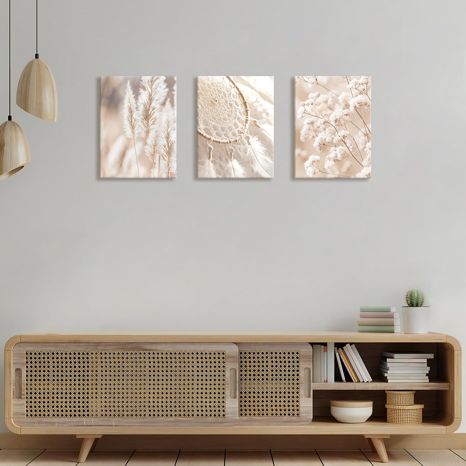 3 Pcs Wooden Framed Canvas Wall Art Canvas Prints Beige Pampas Grass Painting Dreamcatcher Botanical Baby's Breath Pictures for Living Room Bedroom Bathroom Hallway Wall Decoration 30x40 cm x3pcs - Image 2