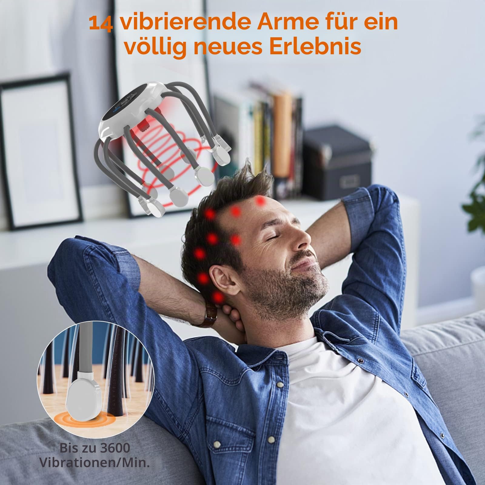 KTS wiederaufladbares Kopfhautmassagegerät mit 14 vibrierenden Kontakten, 5 Modi, Rotlichttherapie, tragbarem Krakenkopfkratzer für Entspannung, Druck- und Stressabbau und schnelles Einschlafen