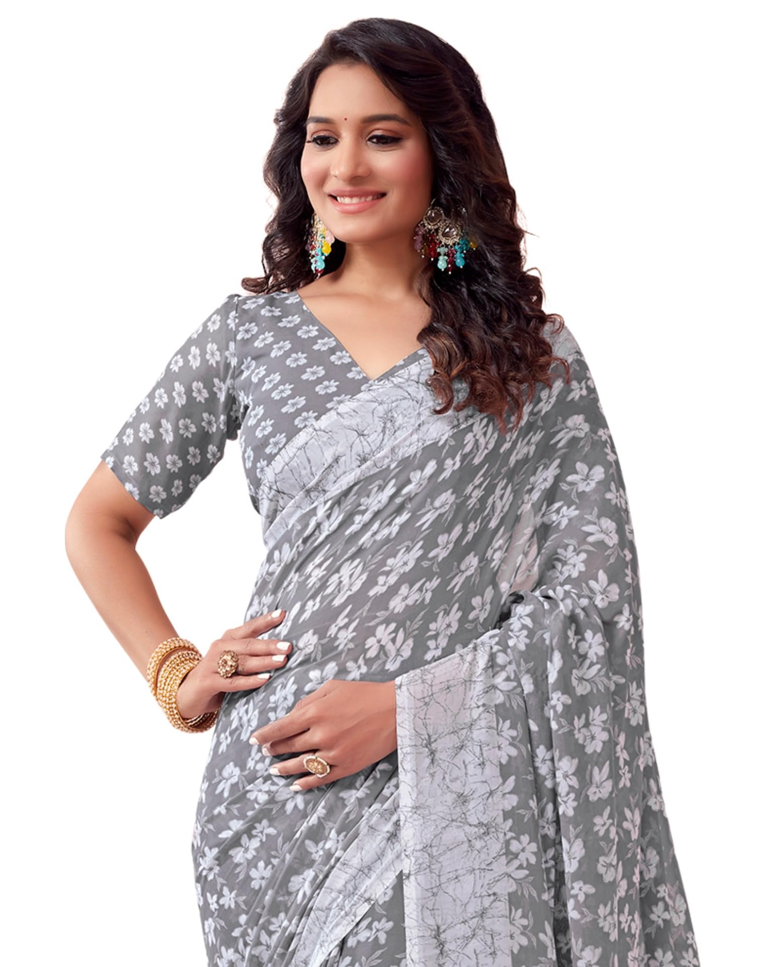 SIRILWomen's Floral Printed Georgette Saree with Unstitched Blouse Piece