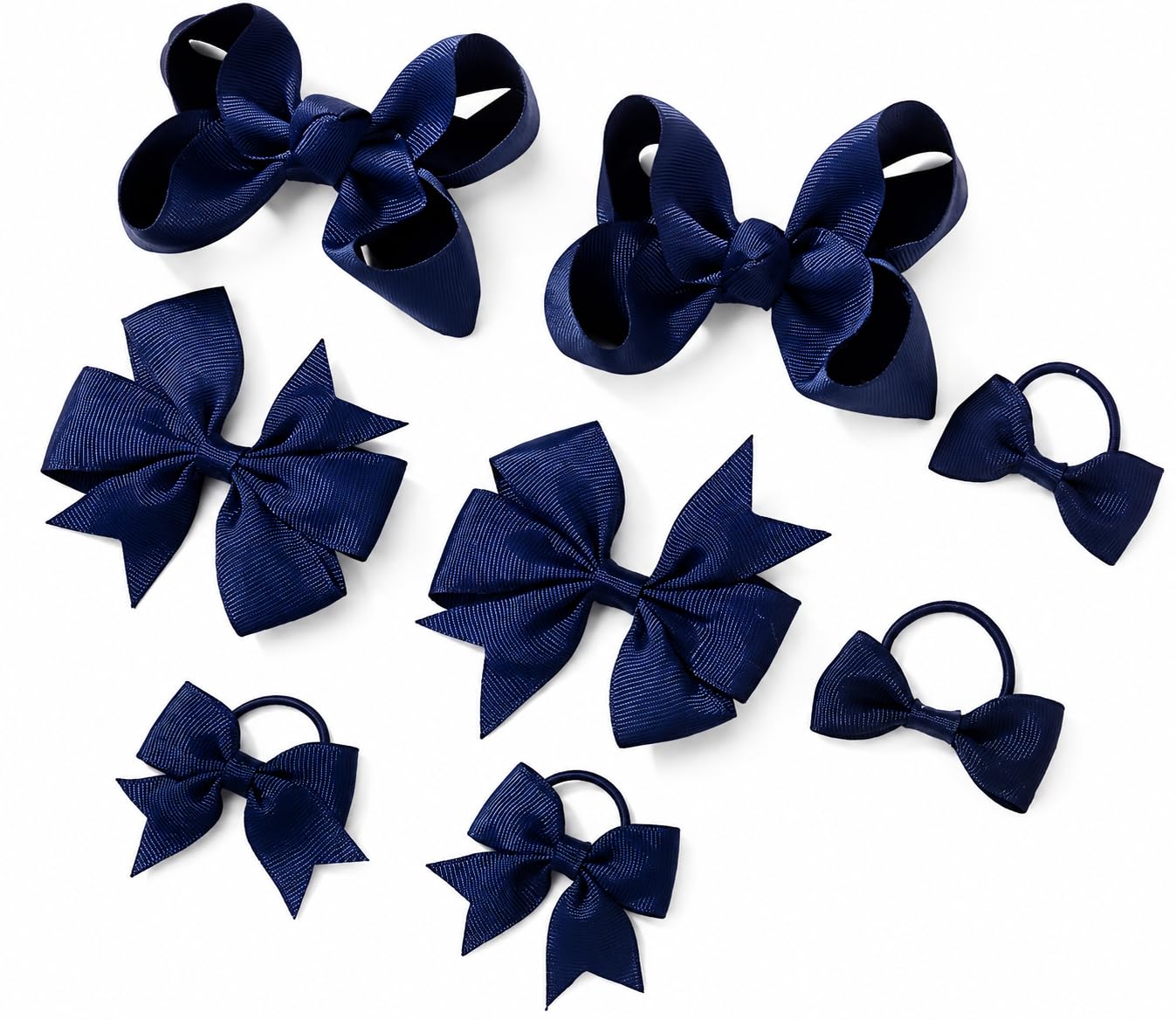 8 peice Grosgrain Ribbon Hair Bows Set, Multiple Sizes, 4 Elastic Hair Ties and 4 Clips for Girls (Navy Blue)-image-0