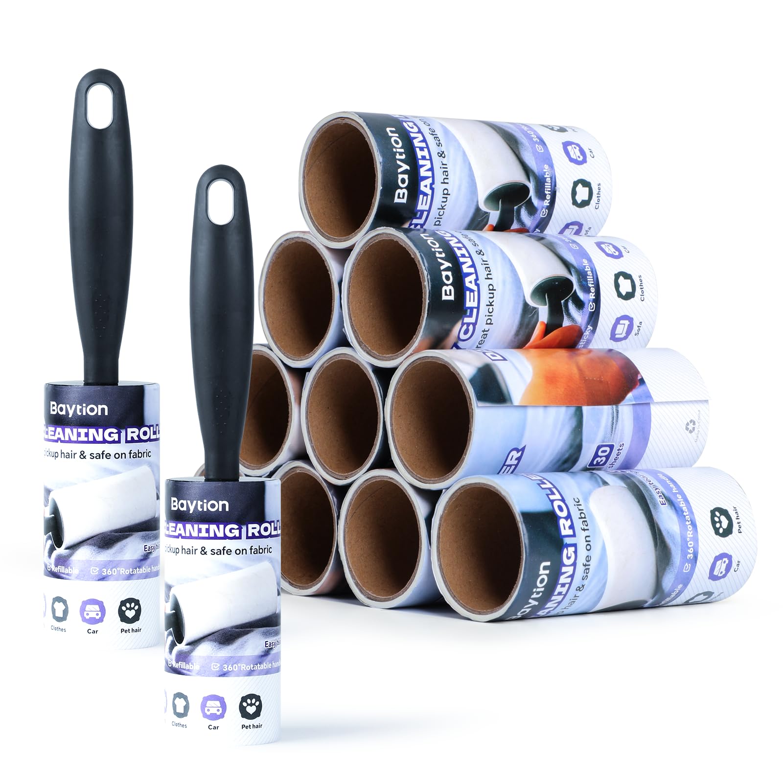 BaytionExtra-Sticky Lint Roller Kit, Refillable Lint Remover for Clothes(Total 360 Sheets + 2 Handles), Multiuse Cat Hair Remover Refill for Dust, Furniture, Pet Fluff Hair, Carpet, Bed