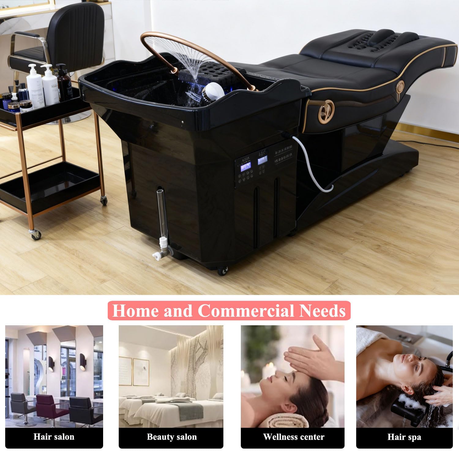 Lavacabezas Peluqueria con Tanque 60L, Lavacabezas Portatil para Casal con Ruedas, Lava Cabezas con Inhalador Vapor y Cubierta Vapor, Apto Para Spa Capilares y Salones de Peluquería, Negro