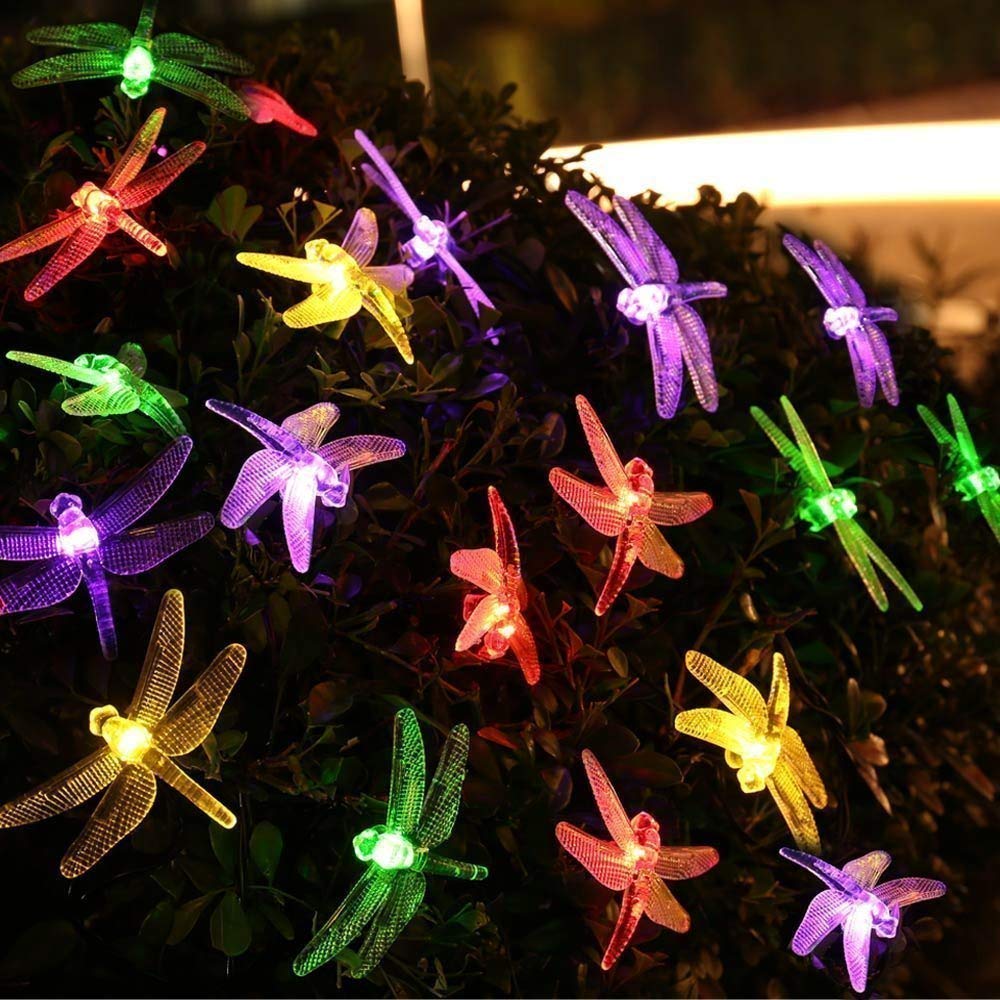 Guirnalda de luces de hadas con forma de libélulas, 20 m, 200 LED, con enchufe, ideal para interiores y exteriores, dormitorios, jardines, escritorios (colorido)