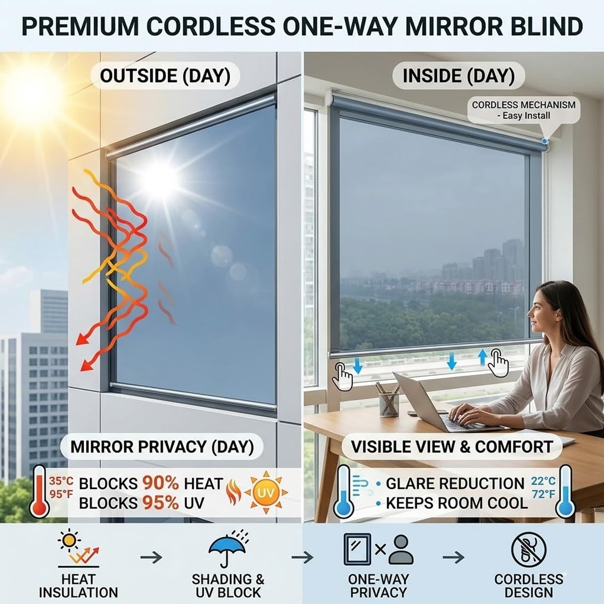 Spiegelfolie Einwegspiegel-Rollo Federrollo Ohne Kordel für Balkon Büro, Ohne Bohren Klebehaken Montage Einseitig Sichtschutz UV-Schutz Hitzeschutz Fenster Tür Büro Balkon(Blau,W95xH200cm)