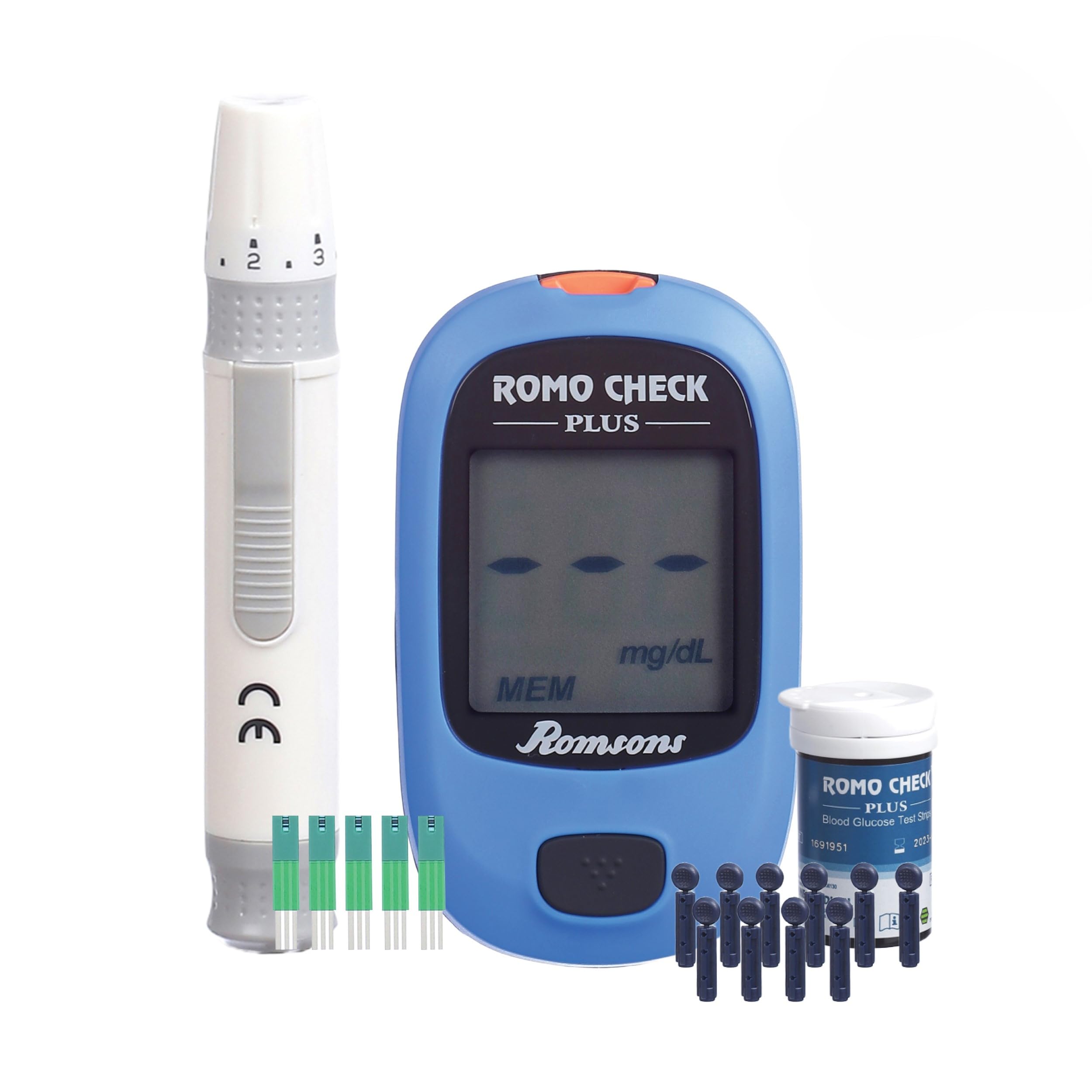 Romsons Romo Check Plus Blood Glucose Meter | Simple & accurate testing of blood sugar levels at home | FREE Test Strips + Sterile Lancets(Glucometer) (B09W295SDX) Amazon Price History, Amazon Price Tracker