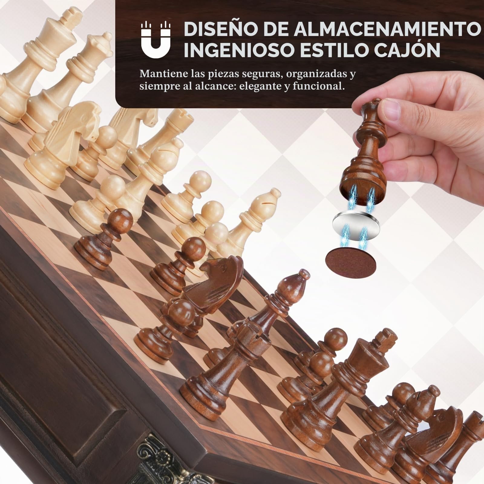 Peradix Juego de ajedrez magnético con 2 cajones de almacenamiento integrados, juegos de mesa de estrategia de madera de 15 pulgadas, 2 reinas extra, juego de ajedrez magnético de lujo para adultos