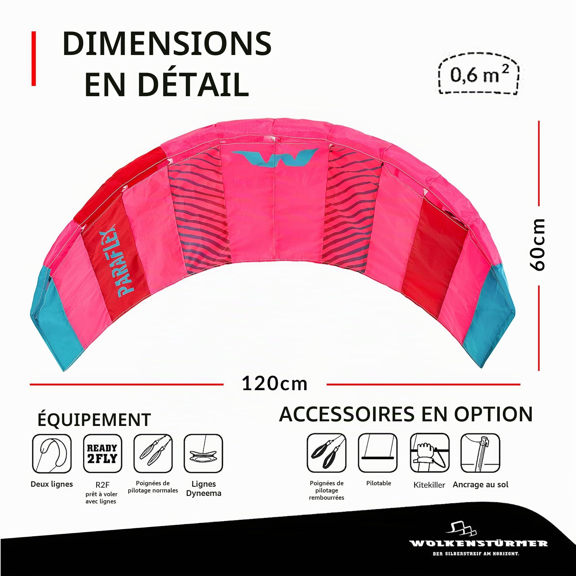 Wolkenstürmer Paraflex Basic 1.2 Cerf-Volant Pilotable, Polyester Ripstop 70D, Rose, 120 cm, Dès 14 Ans, 2 Lignes 45 kg