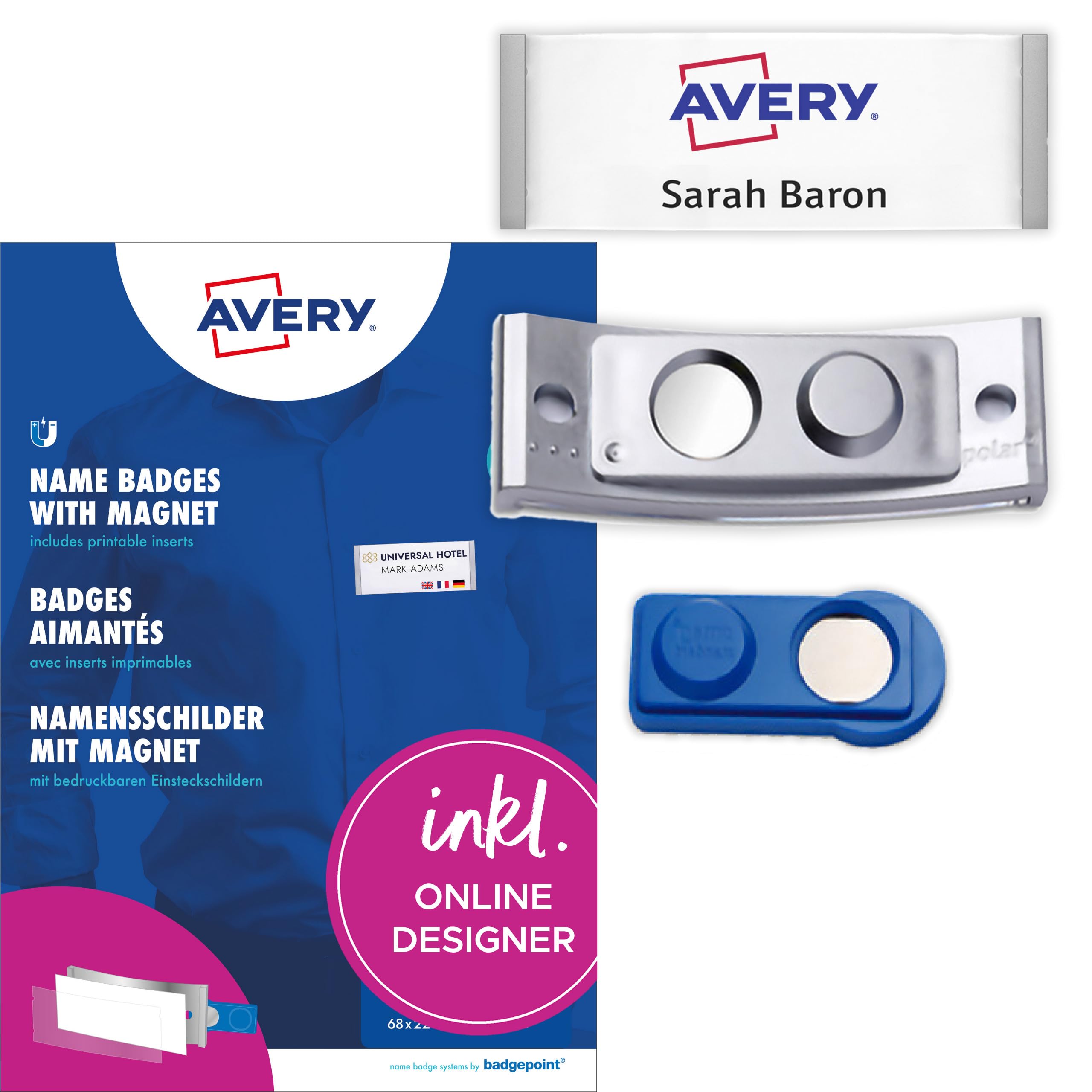 AVERY Zweckform polar35 Namensschilder 20 Stück (80x34mm, 20 Schilder mit Magnet, verdrehsicher, mit blanko Einsteckschildern zum Bedrucken, magnetische Namensschilder für Kleidung) edelstahl matt