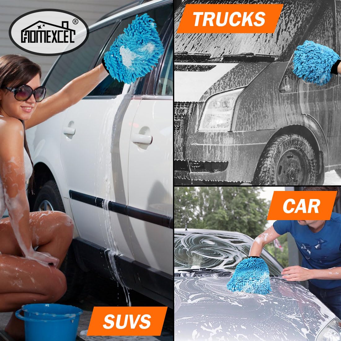 HOMEXCEL Guanto per lavaggio auto, 2 guanti in microfibra di ciniglia, antigraffio e senza pelucchi, schiuma ricca, altamente assorbente, doppio lato, guanto perfetto per il lavaggio e i dettagli