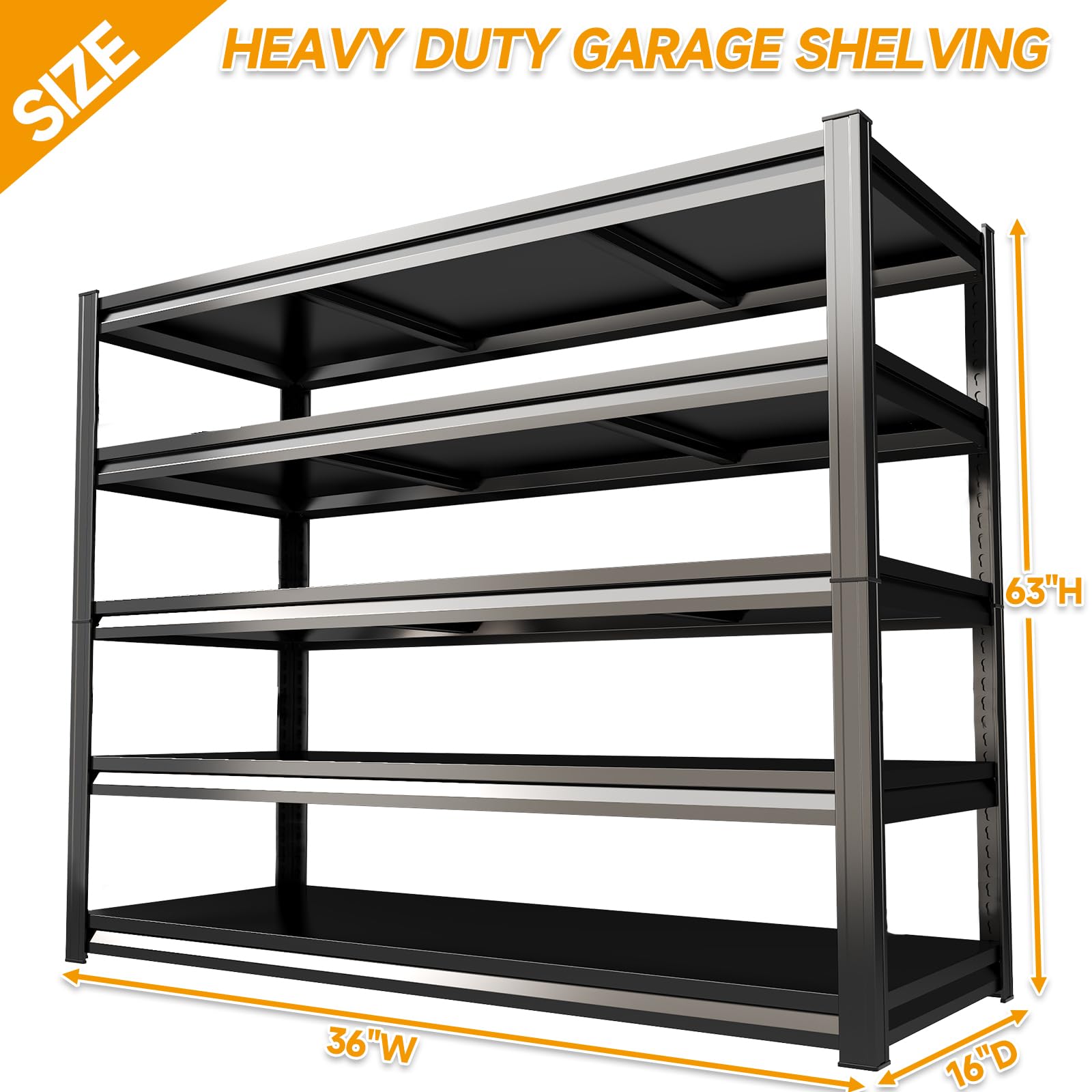 Scaffalatura resistente per garage, 5 ripiani regolabili in metallo, scaffale portaoggetti per garage e cantina, organizzazione degli attrezzi, magazzino, dispensa, cucina, 91,4 cm, nero