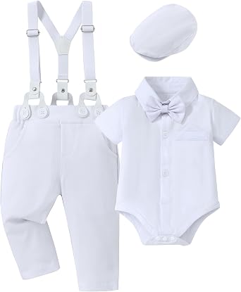 WESIDOM Baby Boy Clothes Suit 0-24M Infant Gentleman Wedding Outfit, Shirt+Bowtie+Beret+Suspender Pants Clothing Set