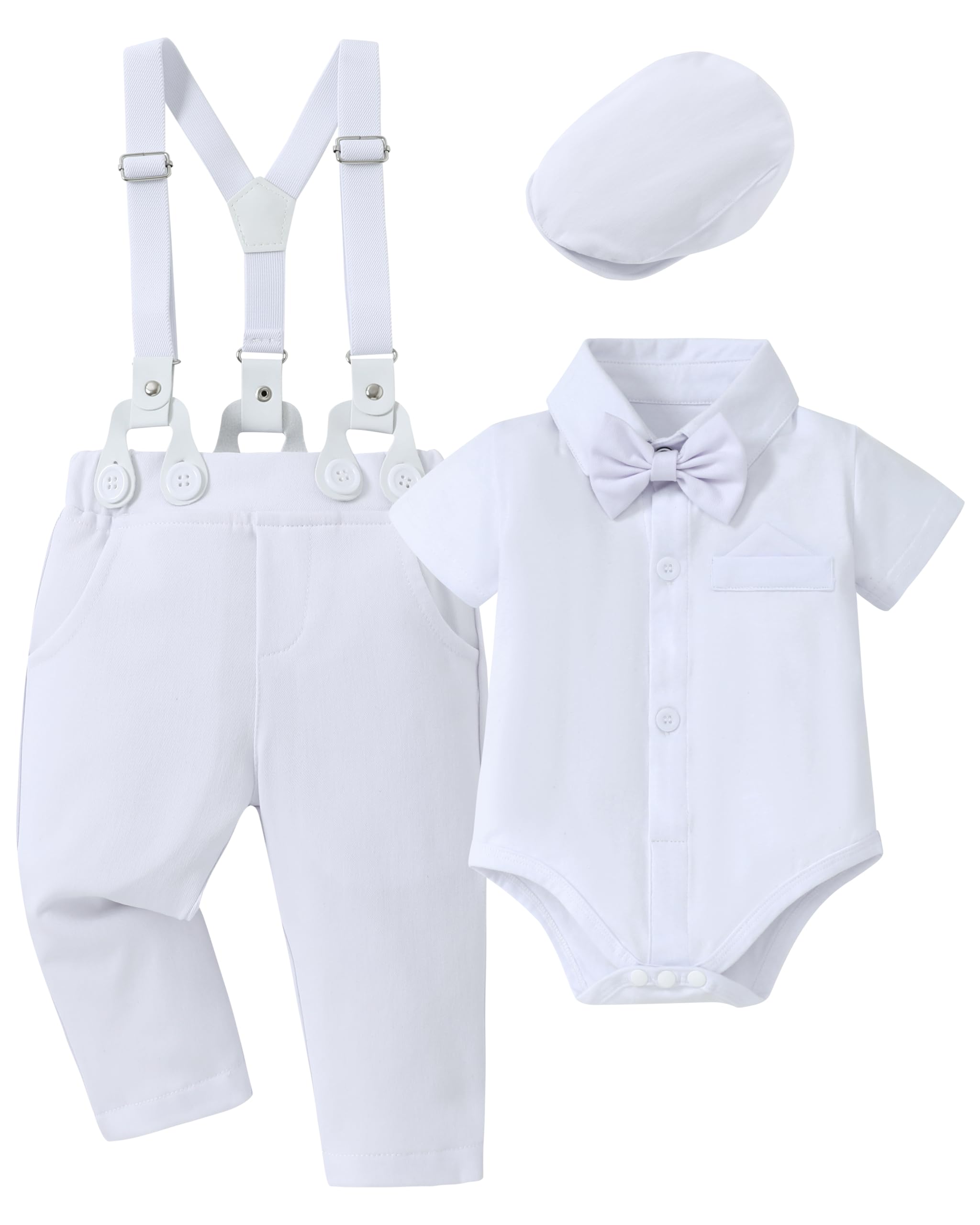 WESIDOM Baby Boy Clothes Suit 0-24M Infant Gentleman Wedding Outfit, Shirt+Bowtie+Beret+Suspender Pants Clothing Set