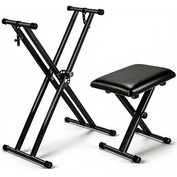 Electronic Piano Stand, Chair Set, Keyboard, Piano, Stand, Bench, Foldable, X Shape, Height Adjustable, 54/61/73/76/88 Keys, Compact Storage, Black Set