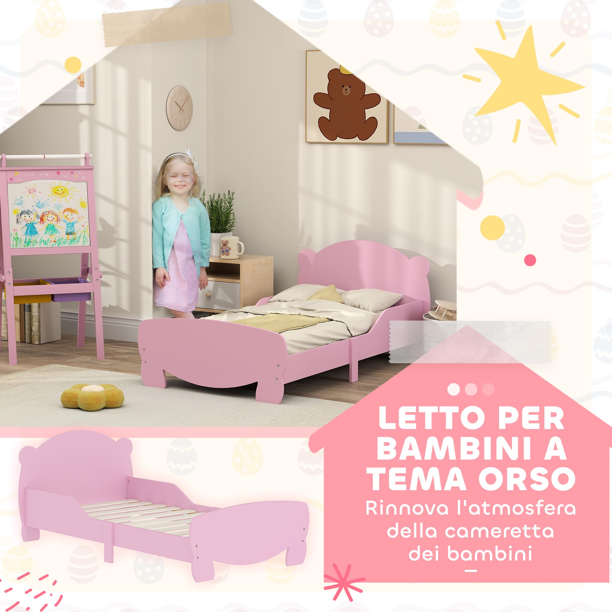 AIYAPLAY Letto Montessori Bambini 140x70 cm Lettino Singolo con Sponde Anti-Caduta Rosa