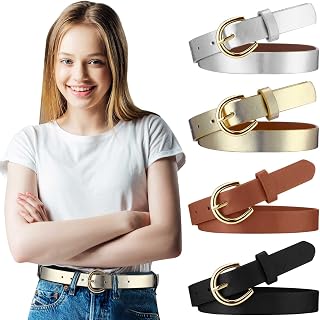 Janmercy 4 Pack Girls Leather Belt for Kids Teen | PU Leather, Double O Ring Buckle, Adjustable Strappy, Teens Kids School Uniform Casual Back to School Jeans Accessories