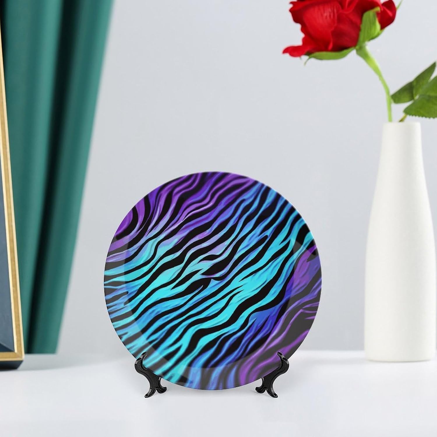 Purple Blue Green Camouflage Zebra Stripes Ceramic Decorative Plate, Bone China Plates