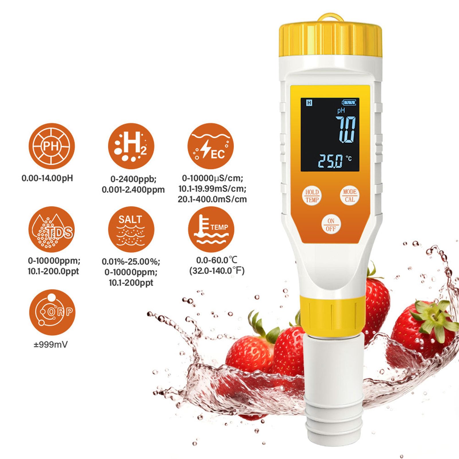 Generic Probador de Calidad del Agua 7 en 1, Medidor de Temperatura de Salinidad ORP de Hidrógeno PH EC TDS, Probador de Agua Digital con Pantalla Retroiluminada, Ideal para Potable, Acuarios y