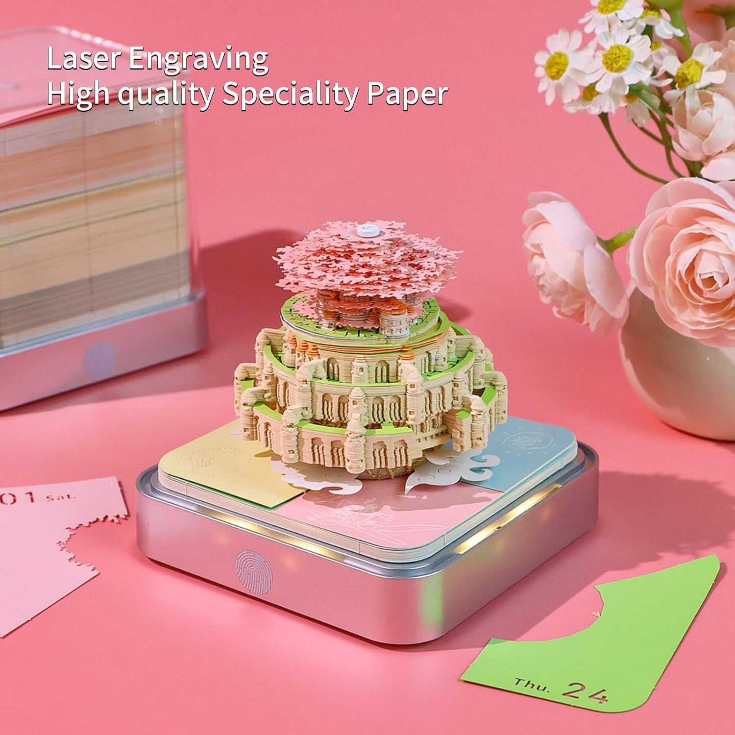 Time Piece Calendar,3D Art Calendar Memo Pad 2026 Creative Desk Calendar with Light,Castle in Sky Tear Away Paper Carving 3D Memo Pad Art Notepad Christmas Gift
