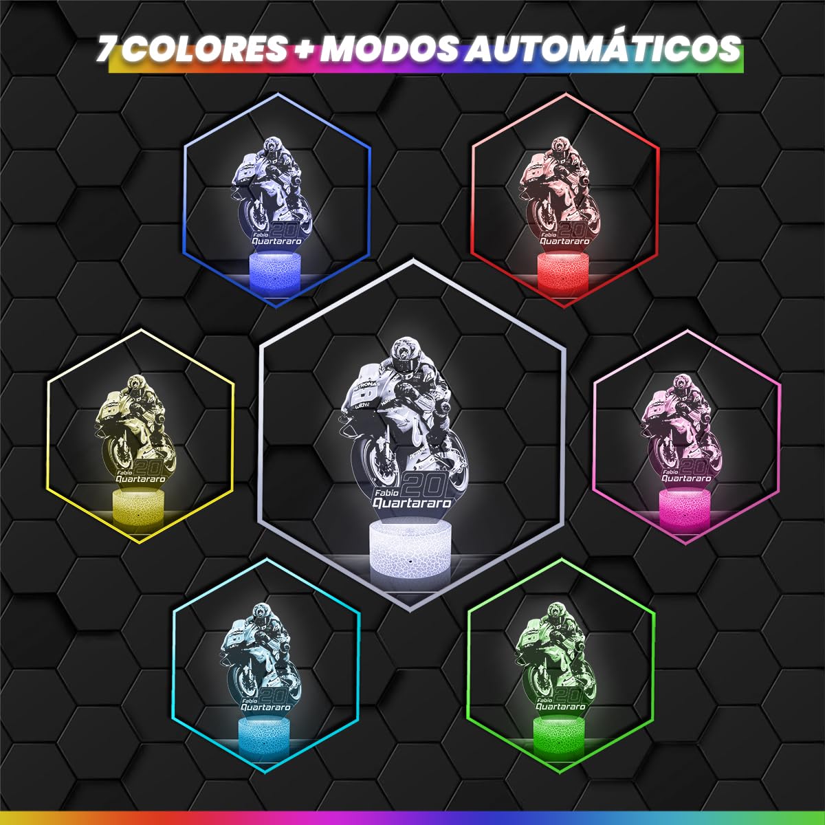 Lampephoto.fr - Lámpara 3D GP Moto - F. Quartararo Luz Nocturna Táctil Led Ilusión 3D, Idea de Regalo para Niños y Niñas, Navidad, Lámpara de Mesilla de Noche para Niños o Adultos, Merchandising TOP