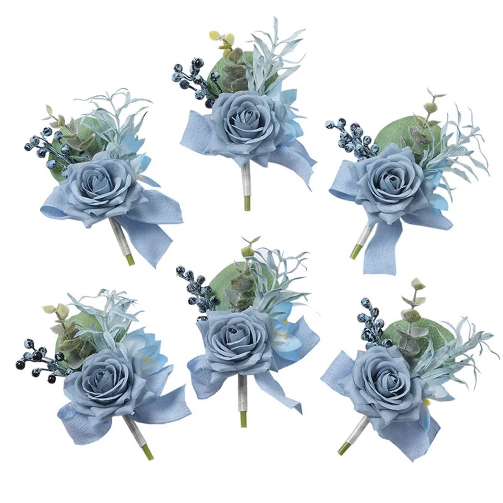 WTAXBH Corsages for Weddings 6 Pcs Dusty Blue Rose Boutonniere For Groomsmen Groom Boutonnieres Wedding Man Corsage Rustic Marriage Flower(Boutonniere-D)
