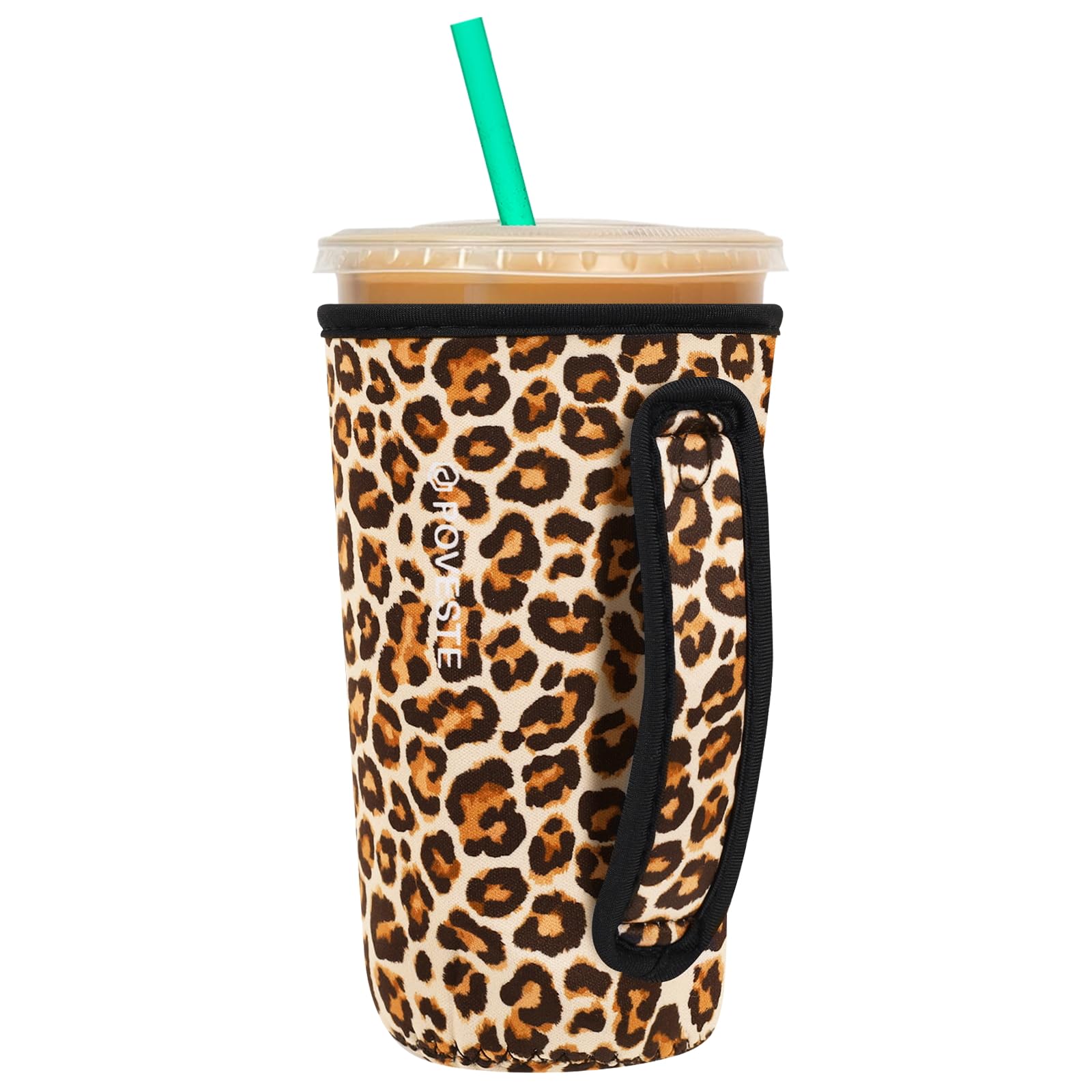 Reusable Neoprene Insulator Sleeve for Iced Coffee &amp; Cold Soda, Coffee Sleeves for Iced &amp; Hot Drinks, Cold Beverage Cooler Compatible with Starbucks, Dunkin (Leopard, Large: 32oz)