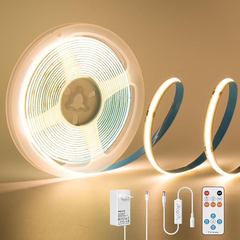PAUTIX COB LED Szalag 3m Meleg Fehér 2700K - 480 LED/m Fényerőszabályozható Szalagvilágítás RF Távirányítóval - CRI93+ Bútorvilágítás Beltér