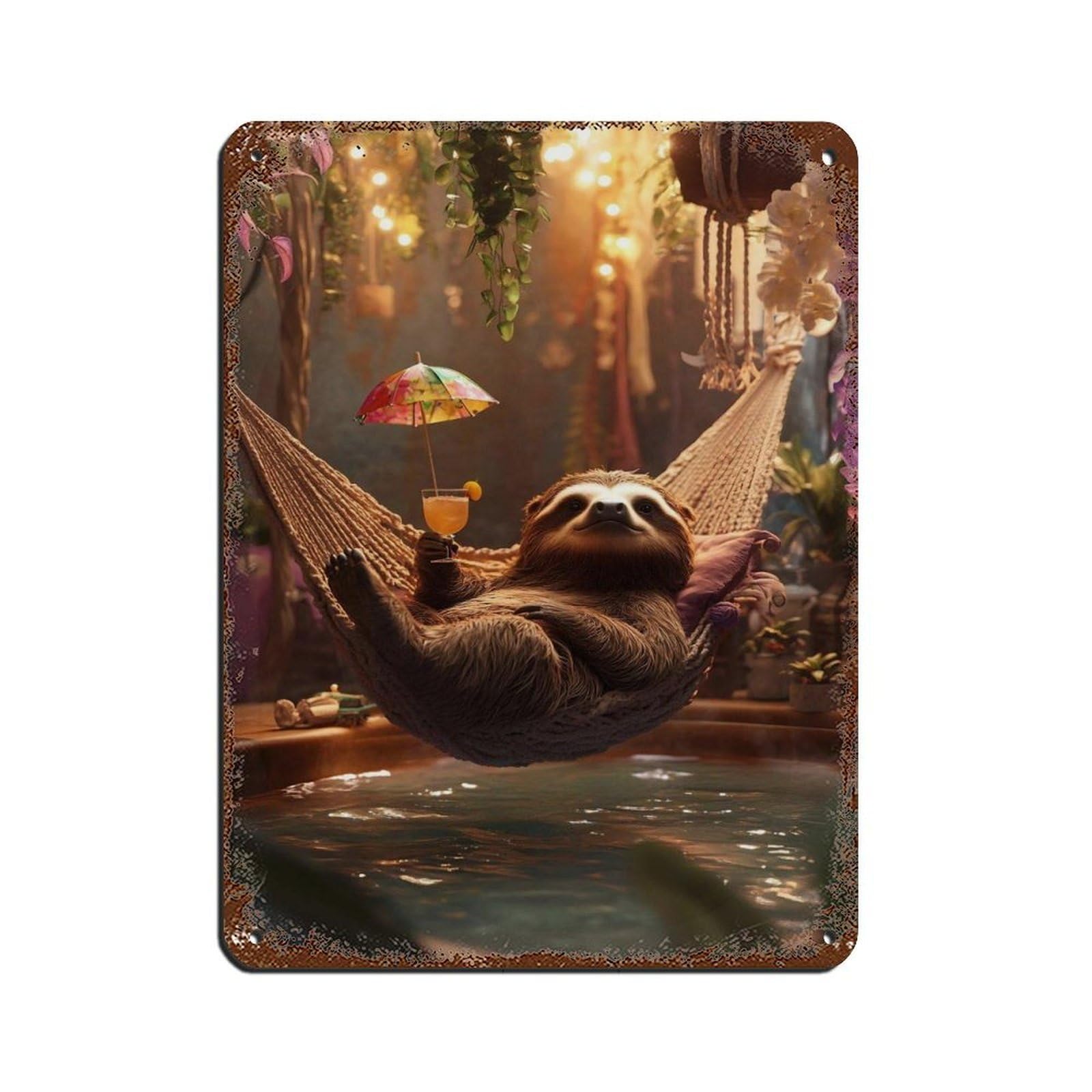 Lxwnze 30L X 40W Cm Relaxing Sloth, Cute Sloth Hammock Tin Sign Vintage Metal Pub Club Cafe Bar Home Wall Art Decoration Poster Retro 12X16inch(30X40cm)