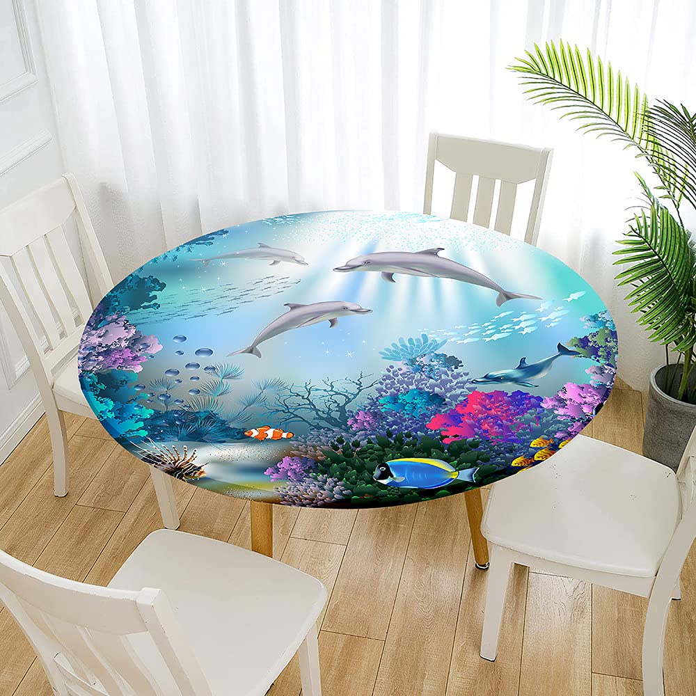 FANSU Nappe De Table Ronde En Polyester Imperméable, Motif Écailles Poisson 3D Protège Anti-Taches Table Elastiqué Pour La Maison Table Cuisine Salle À Manger (Multicolore,Diamètre 120cm