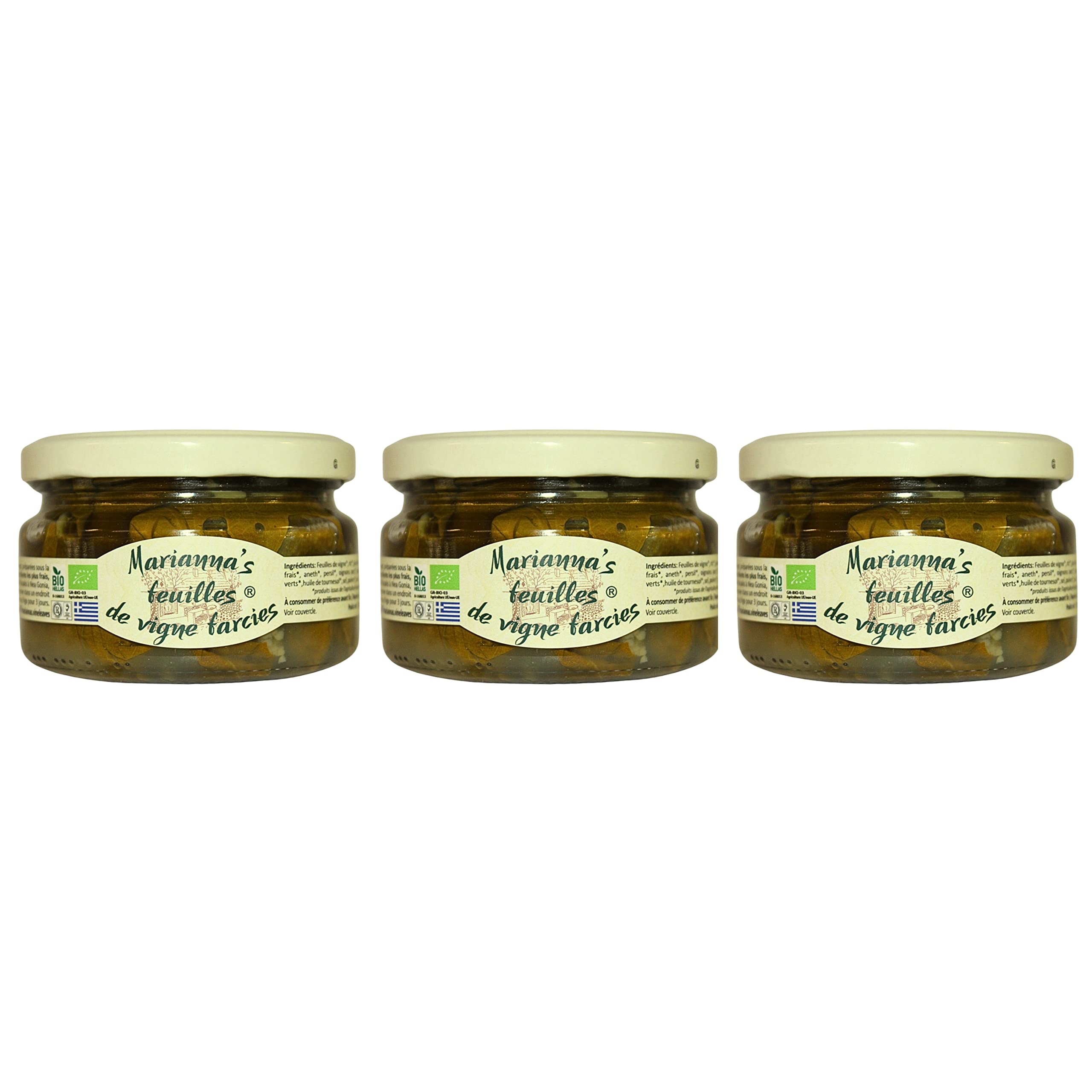 Marianna's Bio Griechische Gefüllte Weinblätter mit Reis – Dolmadakia – 3er Pack x 200g (Gesamt: 600g) – Servierfertig