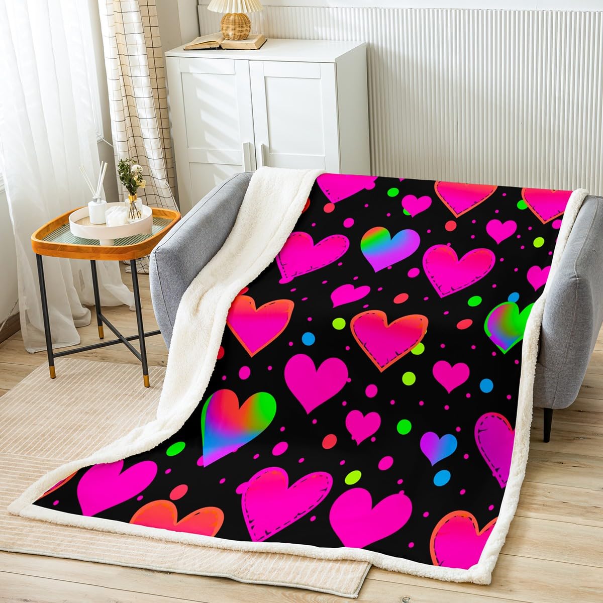 Homemissing Love Heart Sherpa Blanket Pink Love Heart Fleece Throw Blanket Pink Black Plush Blanket for Bed Sofa Couch Romantic Fuzzy Blanket Girls Bedroom DecorSingle 50x60Inch