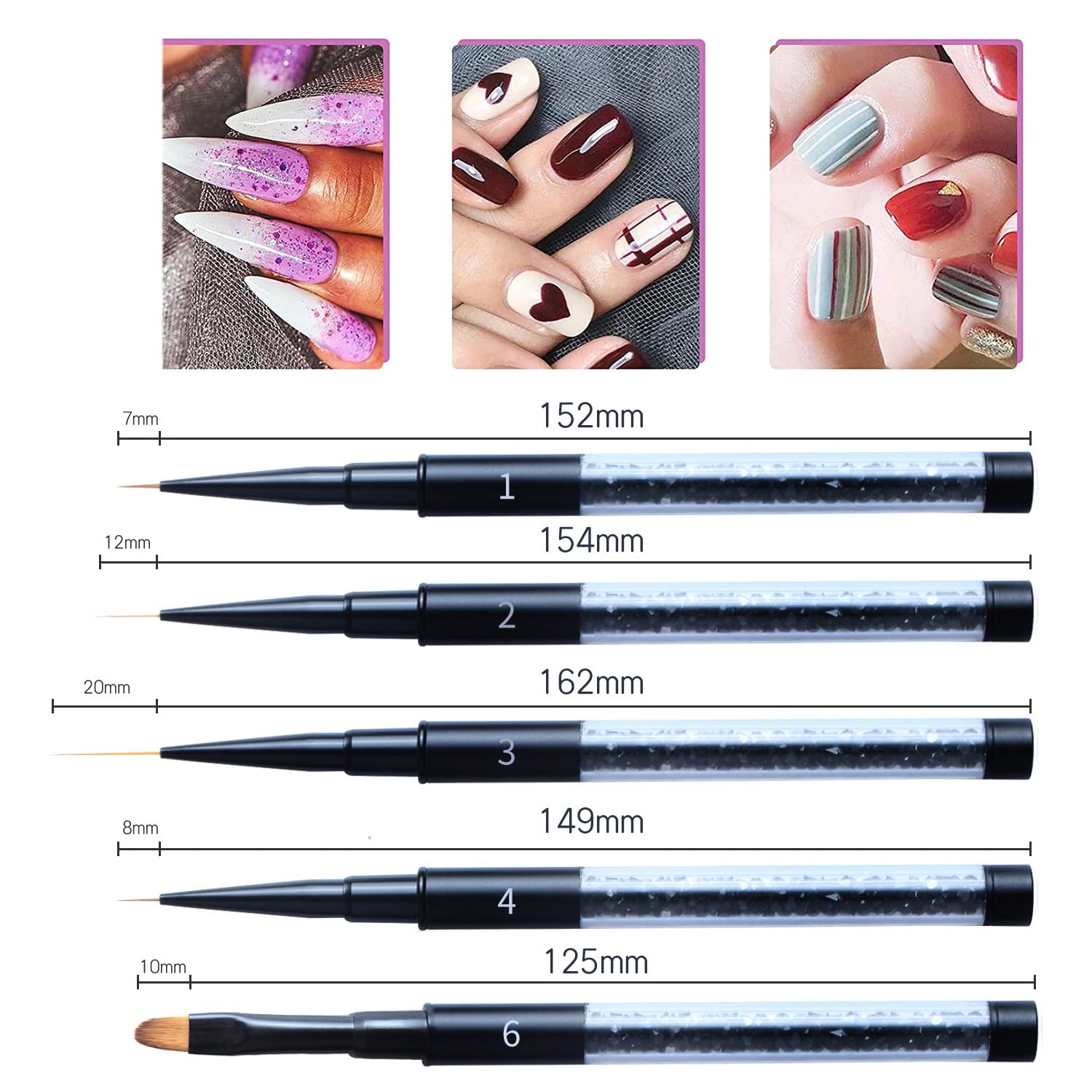 N/A Pennello per unghie acrilico nero opaco Pennello per pittura per nail art Pennello per gel UV Smalto per unghie in cristallo acrilico con strass WolFums