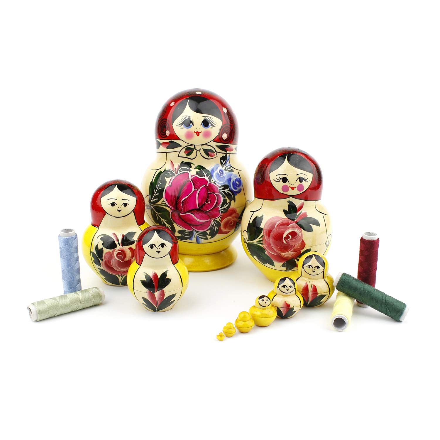 Poupées Russes De Forme Arrondie, 10 Poupées Matriochka Traditionnelles Style Semyonov Rouge | Jouet En Bois, Babouchka Fabriqué A La Main En Russie | Semyonov De Forme Arrondie, 10 Pièces, 16 cm