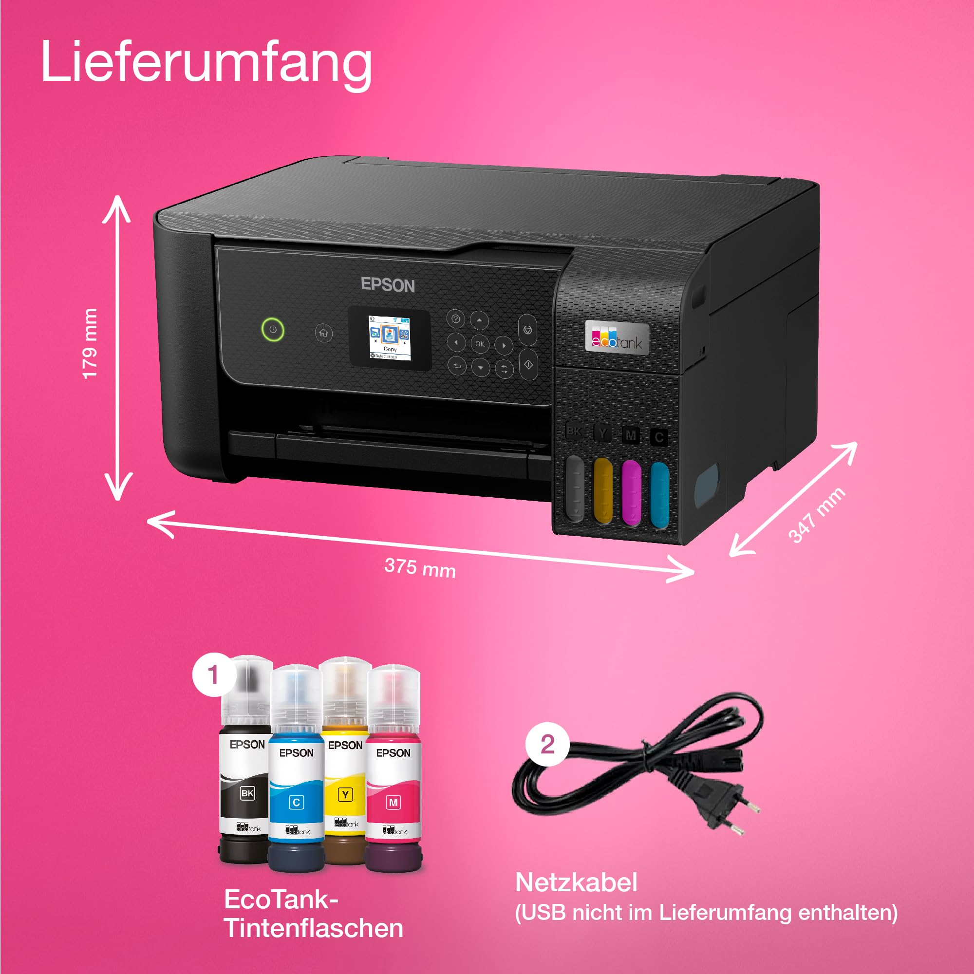 Epson EcoTank ET-2870 Tintentankdrucker WLAN A4 Drucken Kopieren Scannen LCD-Display